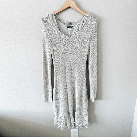VENUS | Dresses | Venus Gray V Neck Long Sleeve Sweater Dress Small  Lacesheer Detail Midi Fitted | Poshmark